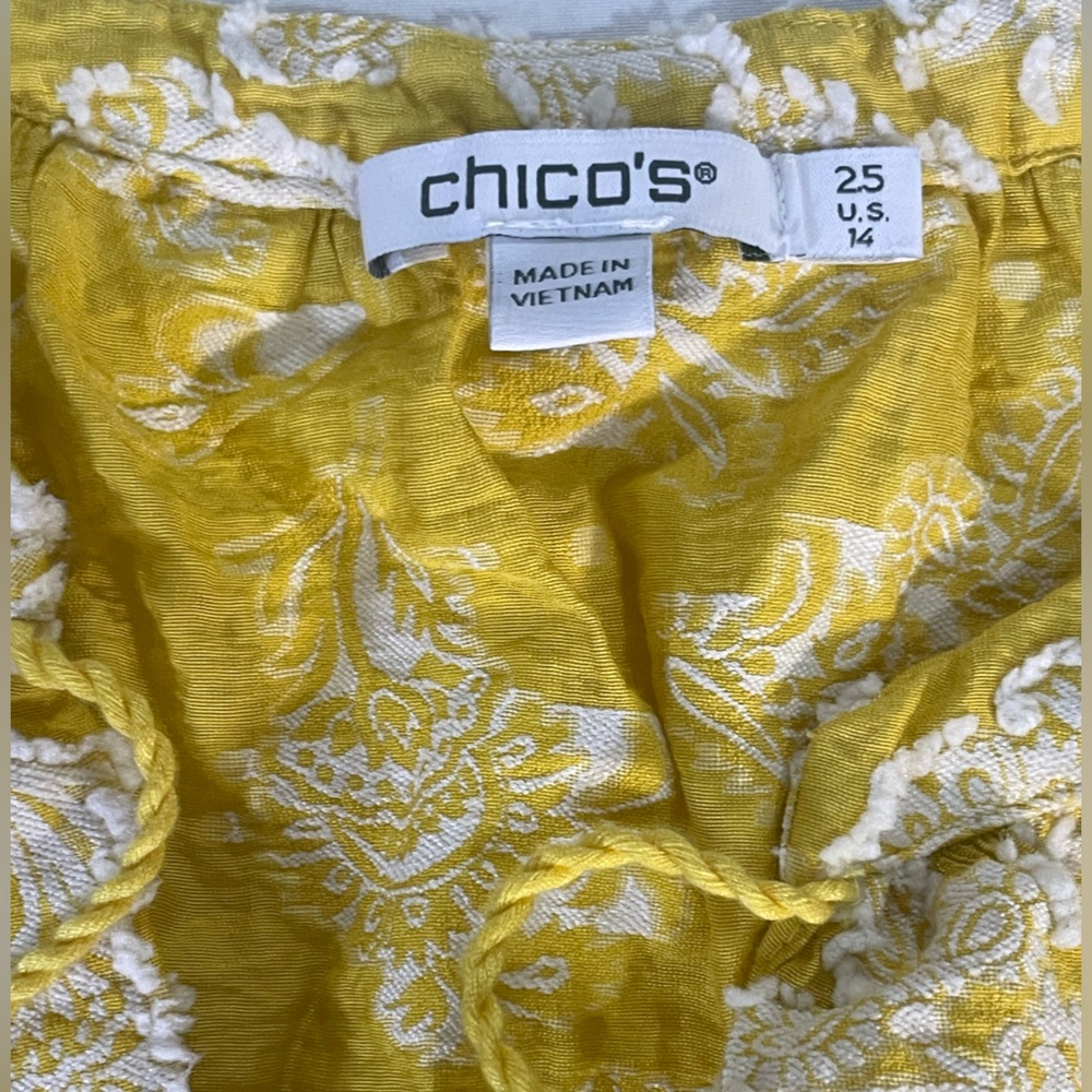 Lemon yellow Jacquard 3D white floral peasant tunic tassel v-neck 3/4 sleeve - Picture 5 of 11